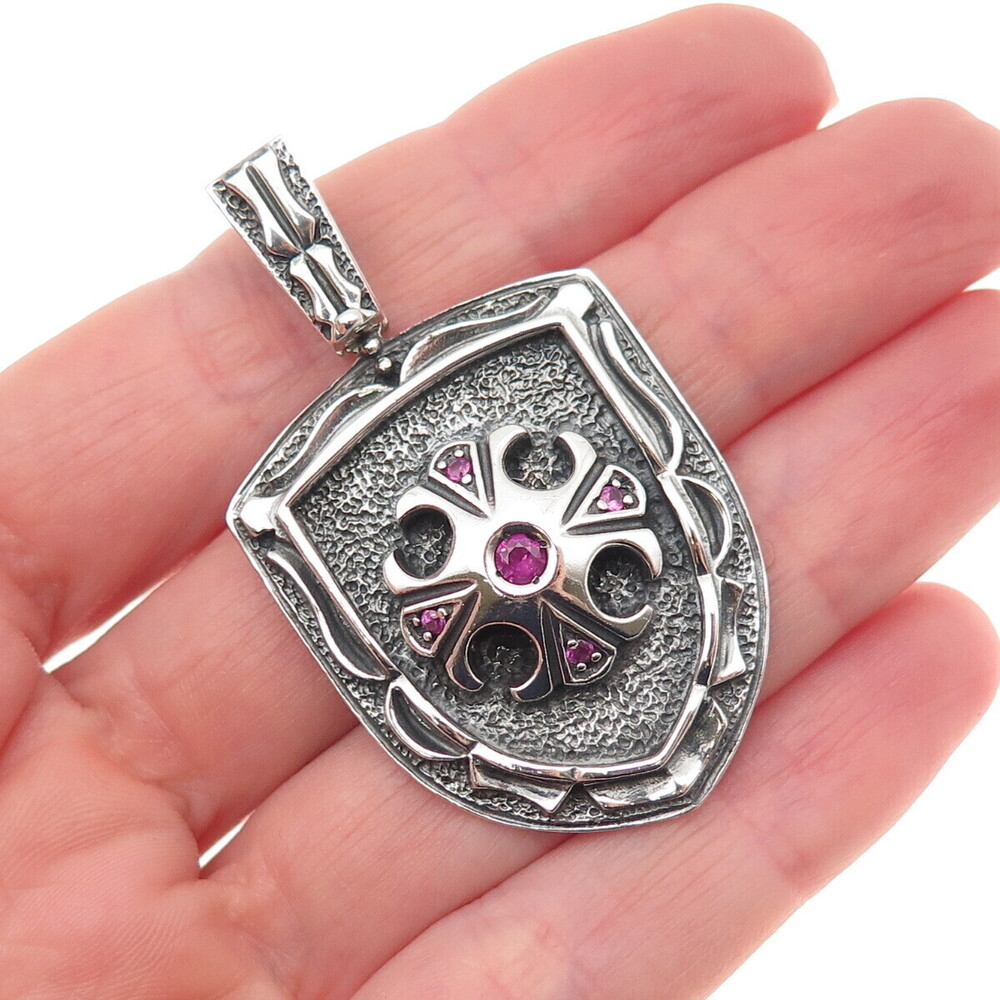 Jolusa 925 Sterling Silver Black Rhodium Real Ruby Floral Cross Shield Pendant
